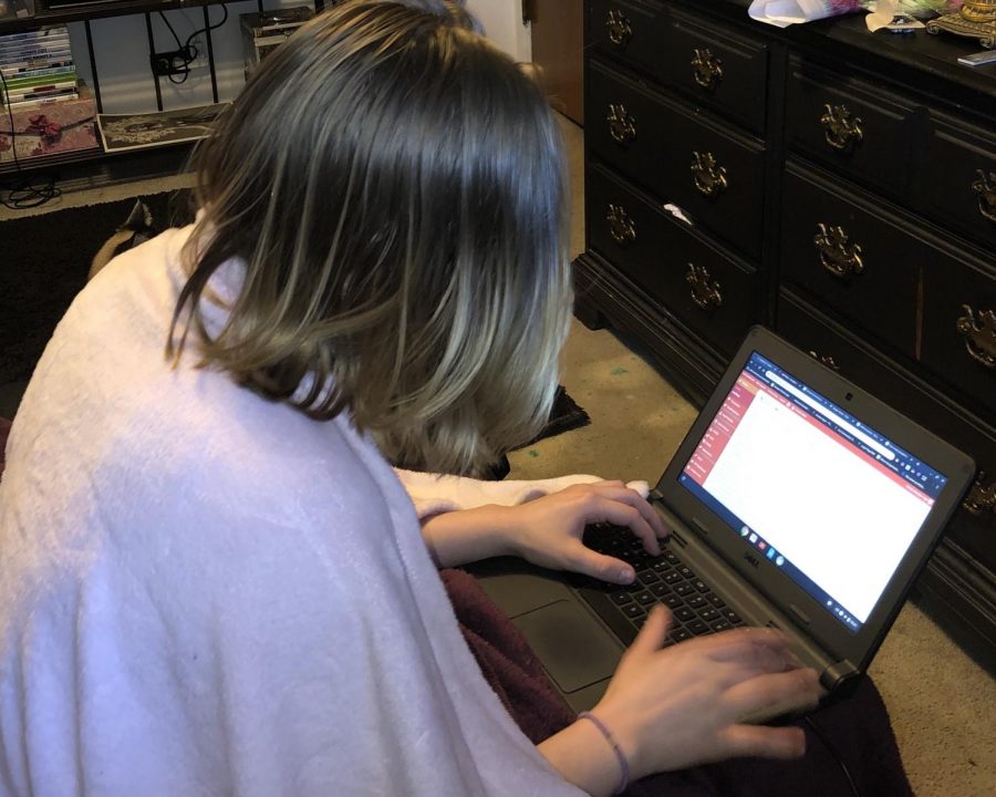 Senior Meadow Vigil logs into Echo on her Chromebook to complete her assignments for the day. The district moved to an asynchronous model of remote learning, where students were not forced to follow a strict schedule to complete work.