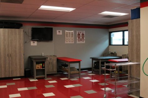 The newly remodeled athletic training room consists of a much larger area that allows Tim Spears to have designated areas for specific things. This is the new taping area.